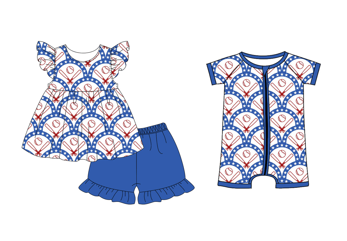 Preorder moq 5 Custom Baby Kids Baseballs Stars Tunic Ruffle Short Set Zipper Rompers