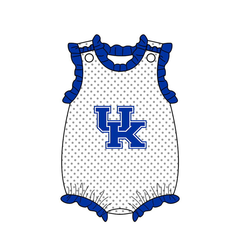 Preorder (moq 5)Baby Girls Sleeveless Blue UK Team Polka Dots Ruffle Rompers
