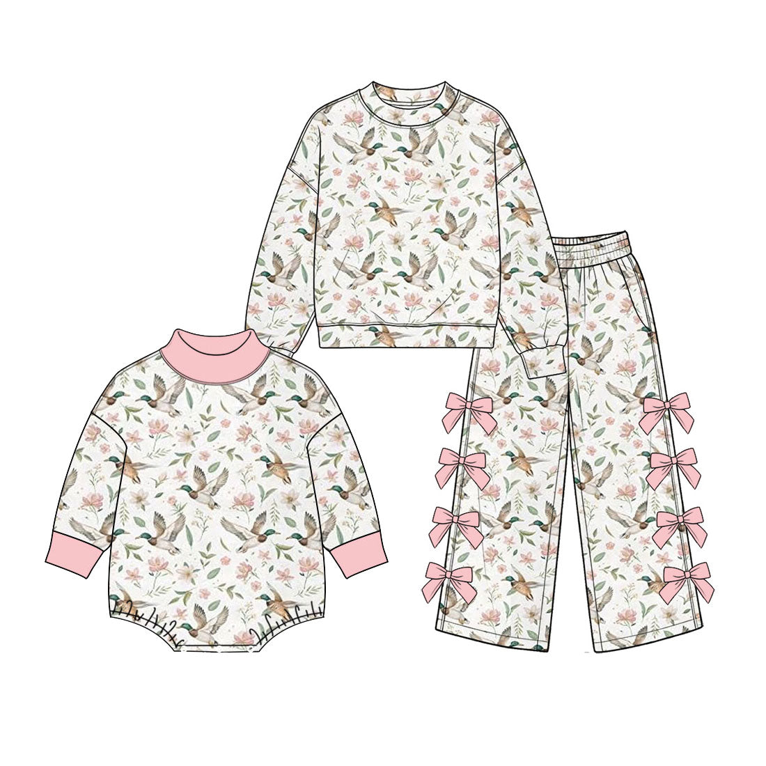 Preorder (moq 5) Baby Girl Clothes Mallard Duck Floral Pink Bow Mixed Print Long Sleeve Flare Pant Set