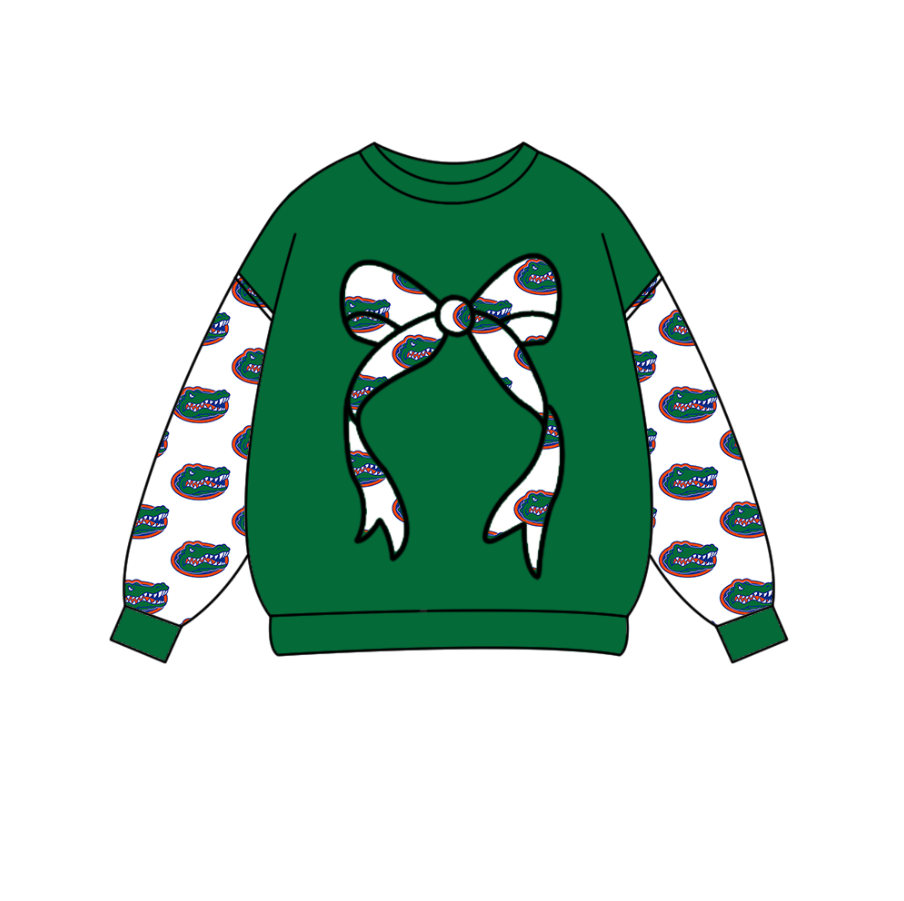 Preorder Moq 5 Baby Girls Green Long Sleeve Crocodiles Bows Team Tee Shirts Top