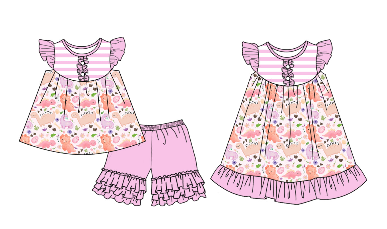 Preorder moq 5 Custom Baby Girls Lavender Flutter Sleeves Button Dinosaurs Tunic Ruffle Short Set Knee Length Dress