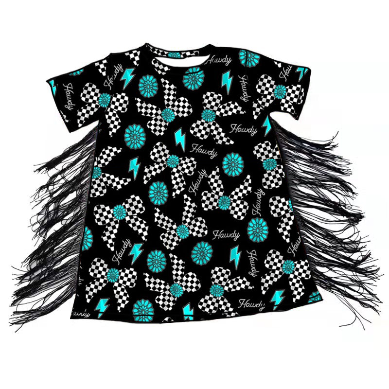 Preorder (moq 5)Baby Girls Western Howdy Bows Tassel Knee Length Dresses