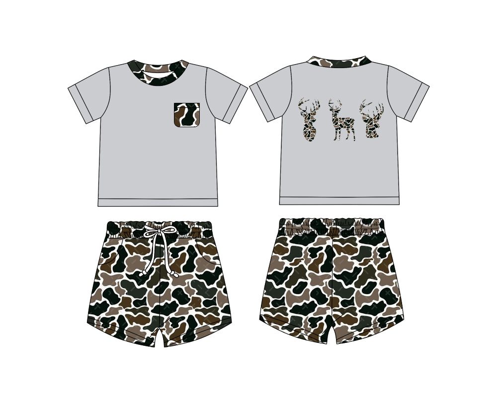 Preorder (moq 5)Baby Boys Deer Season Top Brown Camo Shorts Clothes Sets
