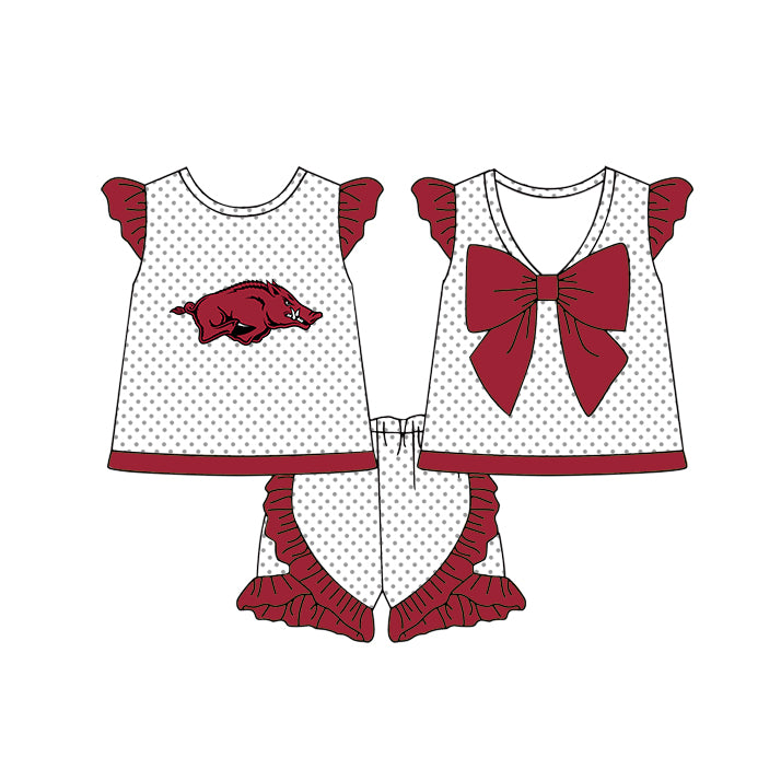 Preorder (moq 5)Baby Girls Arkansas Polka Dots Back Bow Tunic Ruffle Shorts Team Clothes Sets