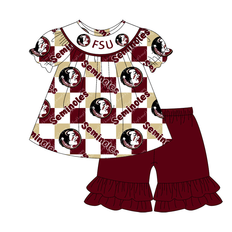 Preorder (moq 5)Baby Girls Seminoles FSU Top ruffle shorts Team Sets