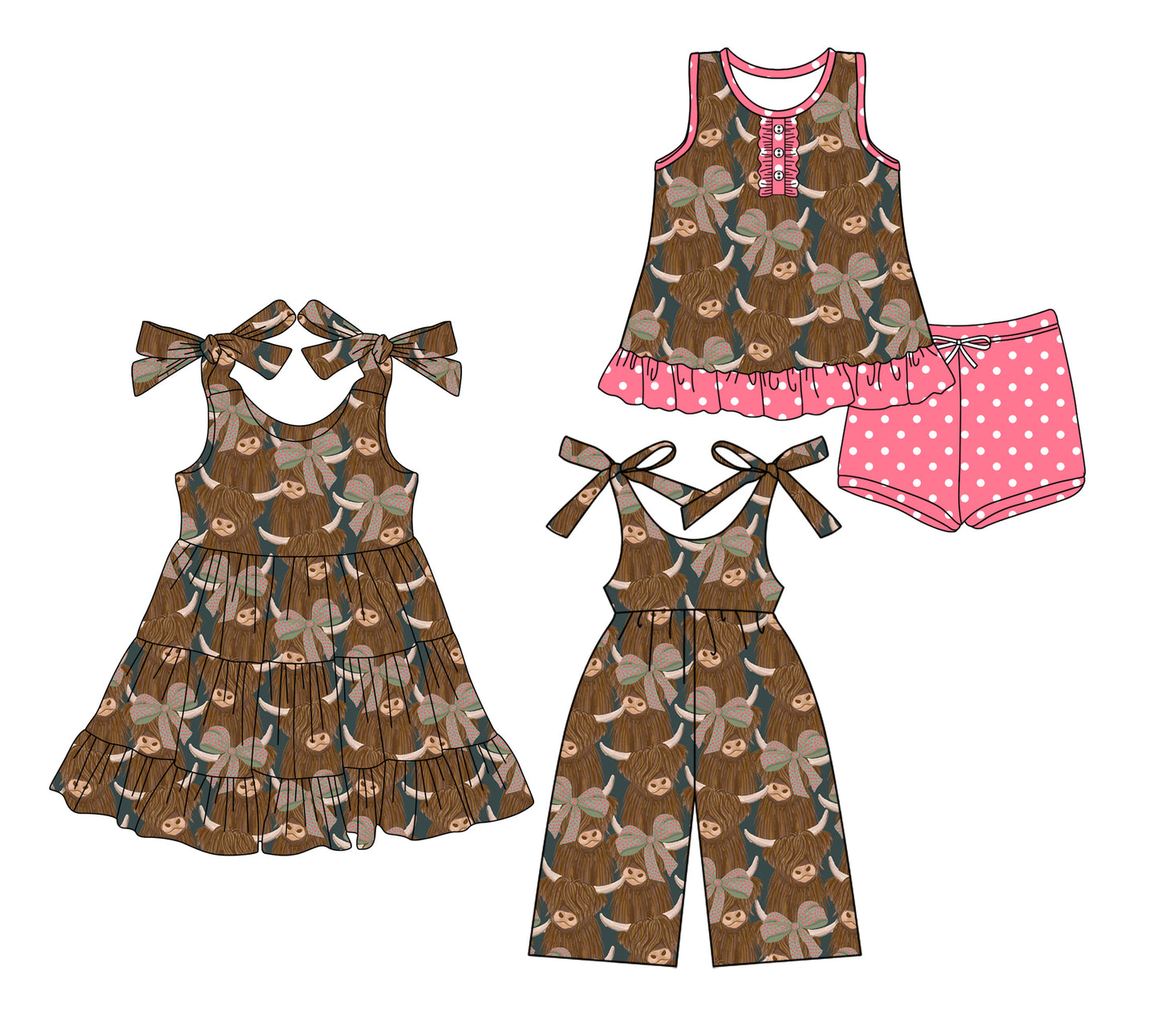 Preorder moq 5 Custom Baby Girls Brown Highland Cows Button Tunic Polka Dots Short Set Knee Length Dress Jumpsuits
