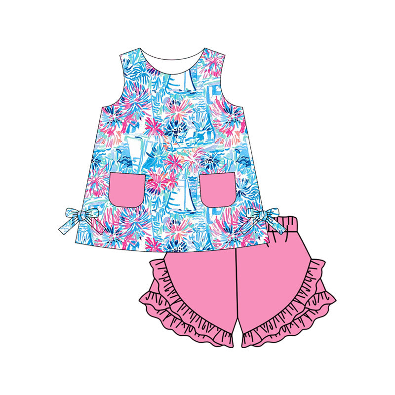 Preorder (moq 5)Baby Girls Aqua Sailboats Tunic Top Ruffle Shorts Clothes Sets