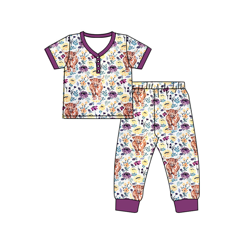 Preorder (moq 5)Baby Girls Western Highland Cow Flowers Shirt Top Pants Pajamas