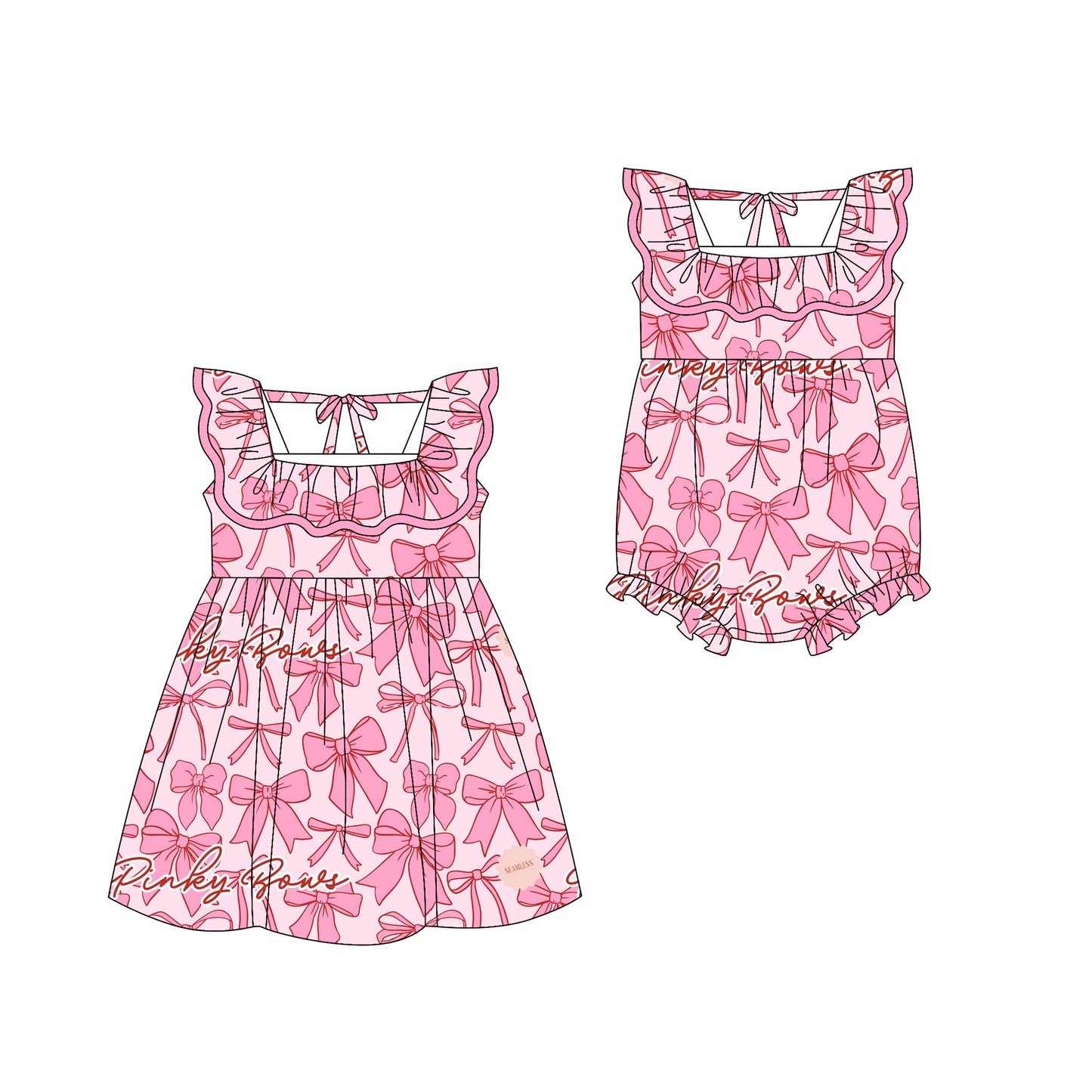 Preorder moq 5 Custom Baby Girls Pink Bows Knee Length Dress Rompers