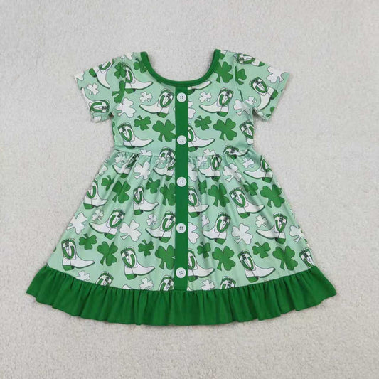 Sibling Baby Girls Green Clovers Boots St Patrick Button Ruffle Knee Length Dress Rompers