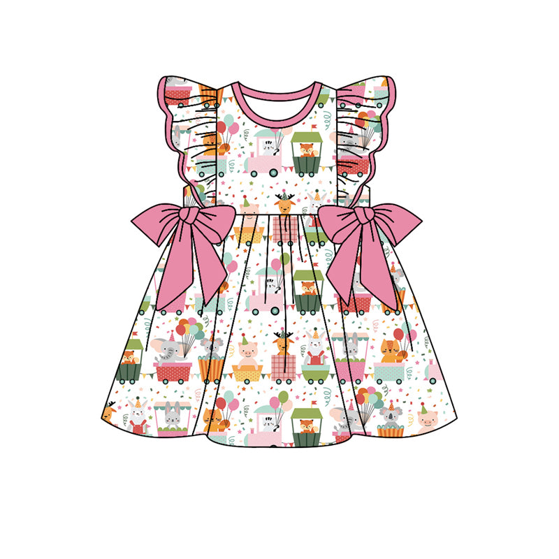 Preorder (moq 5)Baby Girls Pink Animals Flutter Sleeve Knee Length Dresses