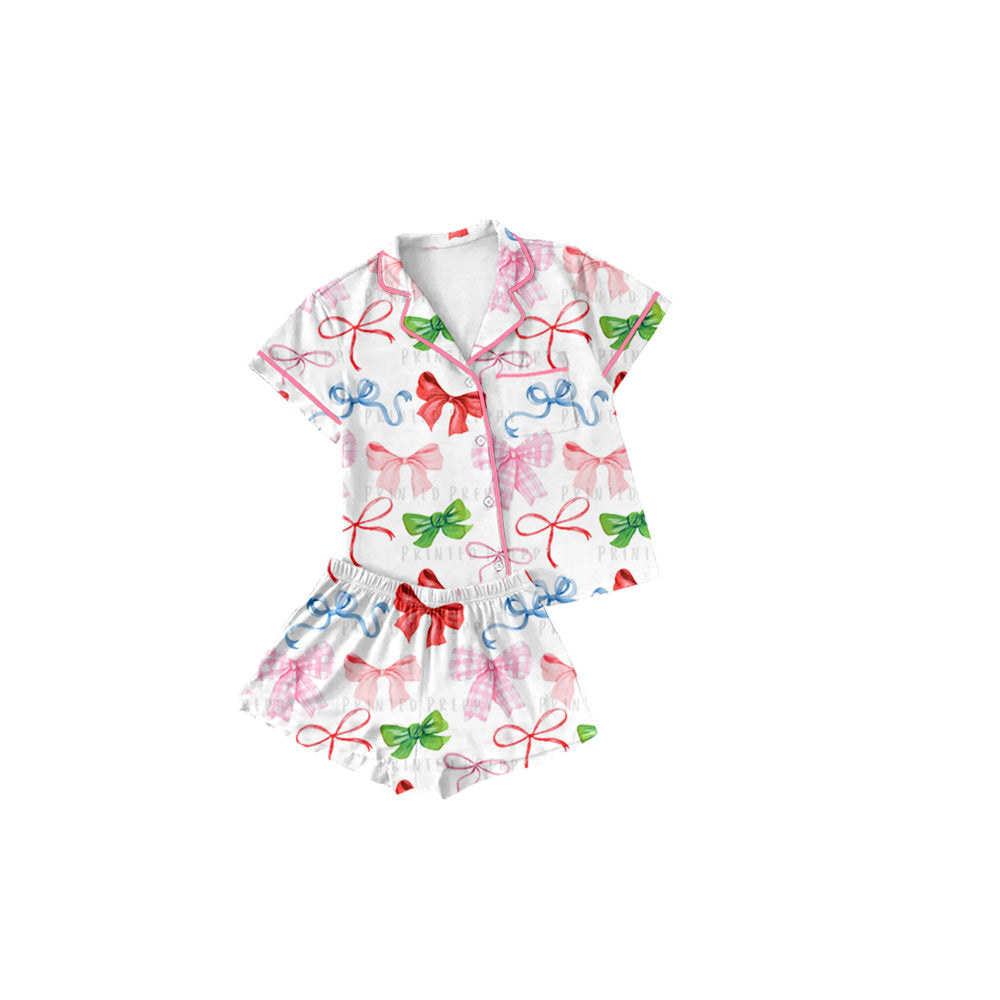 Preorder (moq 5)Baby Girls Colorful Bows Buttons Top Shirt Shorts Pajamas Clothes Sets