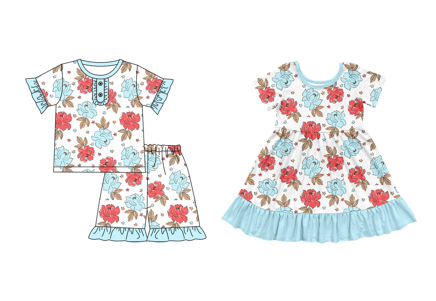 Preorder moq 5 Custom Baby Girls Blue Red Flowers Tunic Ruffle Short Pajamas Set Knee Length Dresses