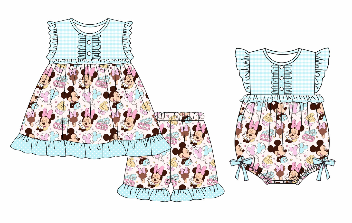 Preorder moq 5 Custom Baby Girls Sleeveless Cartoon Mouse Tunic Ruffle Short Set Rompers
