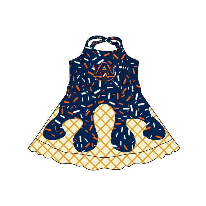 Preorder (moq 5)Baby Girls Strap Auburn Drip Sprinkles Team Shorts Ruffle Knee Length Dress