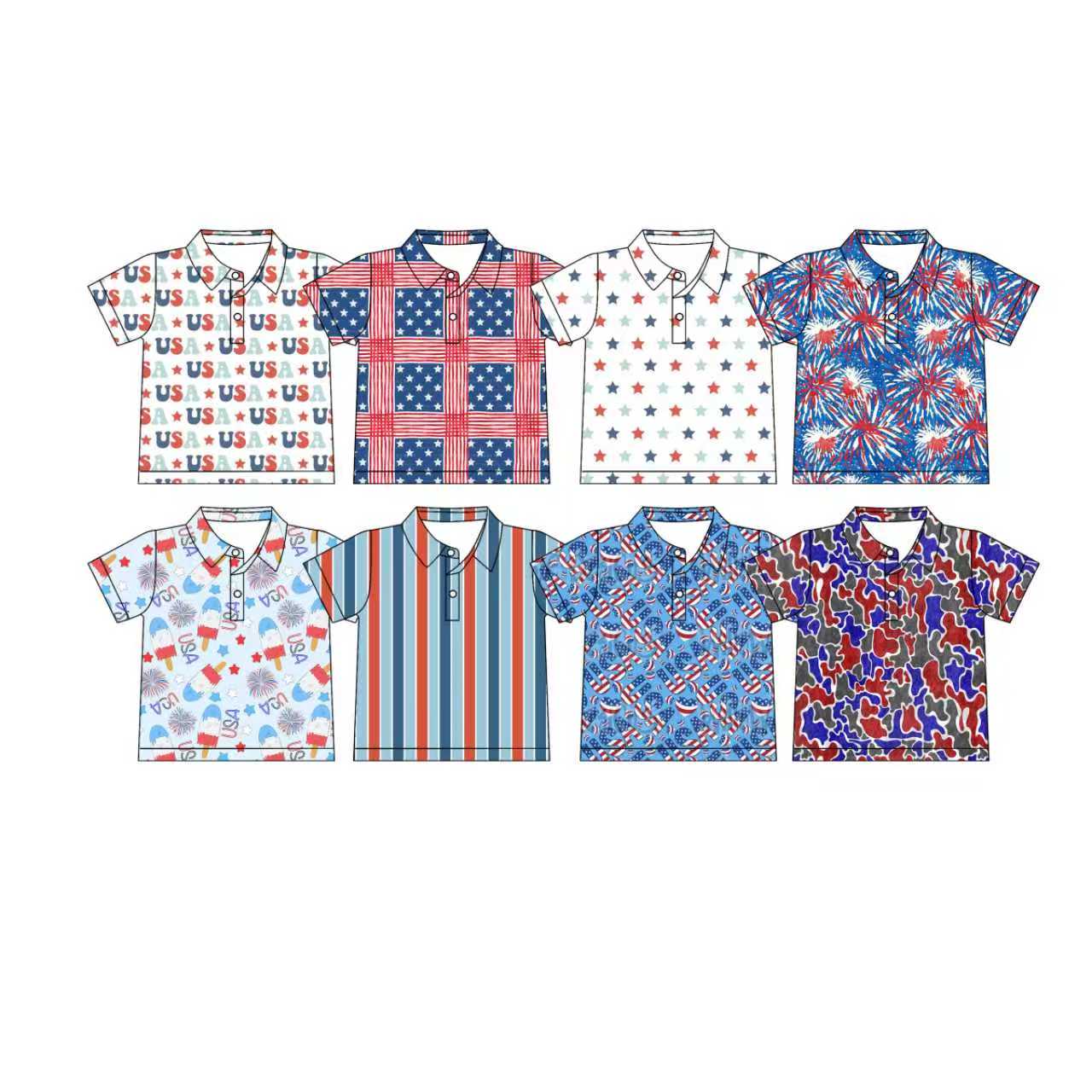 Preorder moq 5 (each item)Baby Boys Blue Red Stars USA Checked Stripe 4th of July Polo Shirts Top