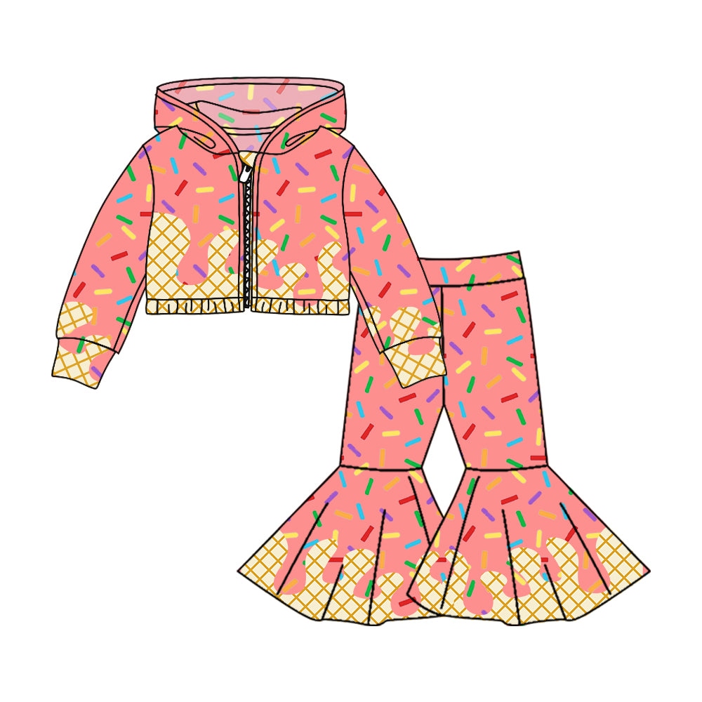 Preorder (moq 5)Baby Girls Peach Long Sleeves Drip Zipper Jacket Top Bell Bottom Pant Team Clothes Sets