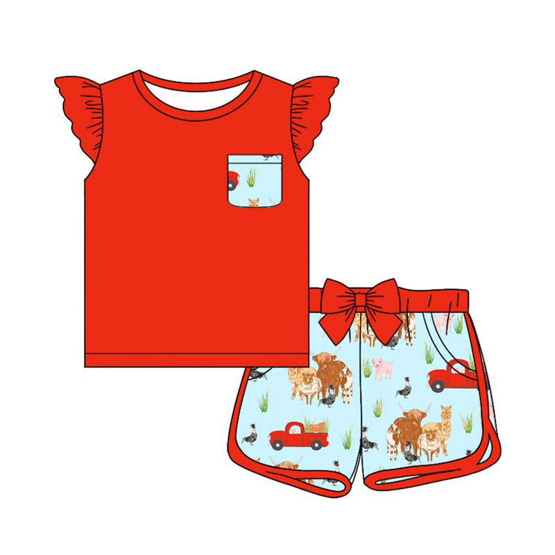 Preorder (moq 5)Baby Girls Red Pocket Shirt Top Farm Cow Bow Shorts Outfits