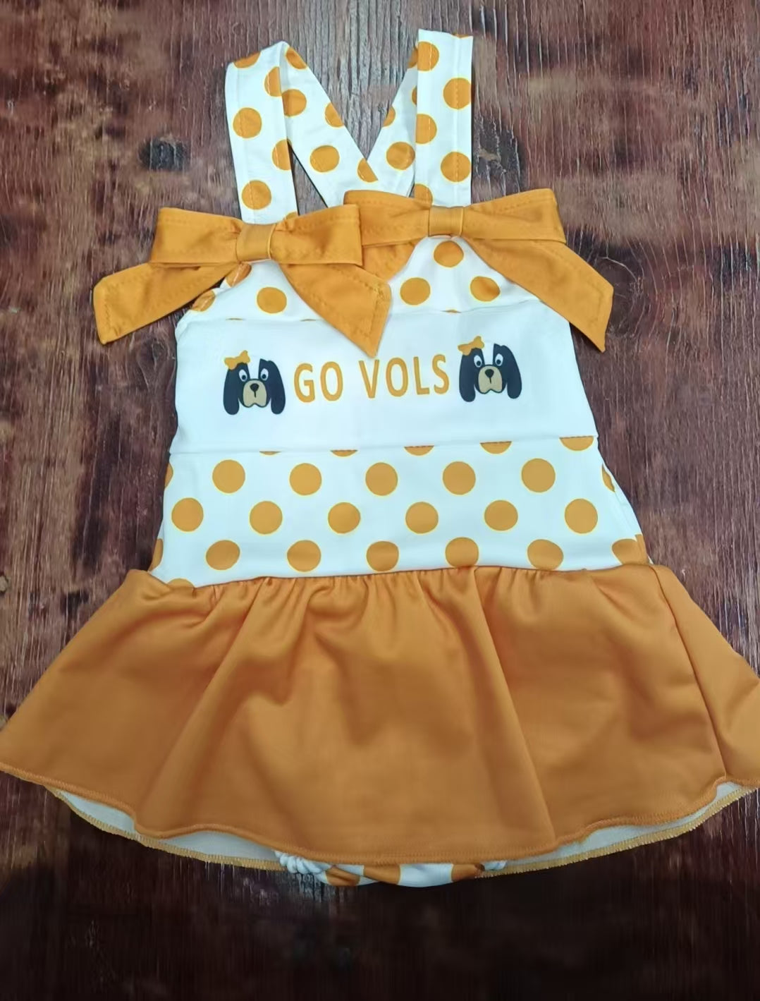 Preorder moq 5 Baby Girls Strap Orange Polka Dots Go Vols Skorts One Piece Swimsuits