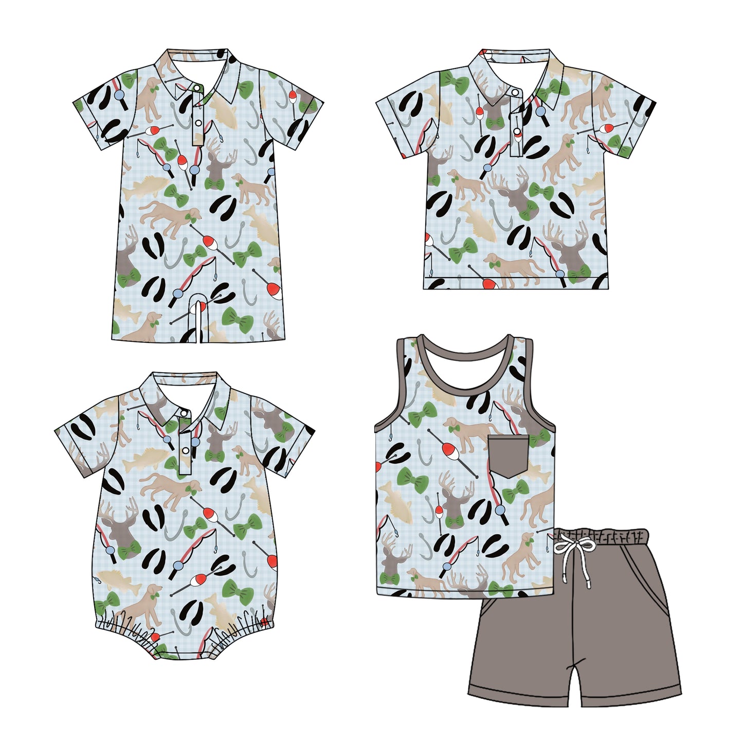 Preorder moq 5 Custom Baby Boys Gray Short Sleeves Fishing Button Top Short Set Polo Shirts And Rompers