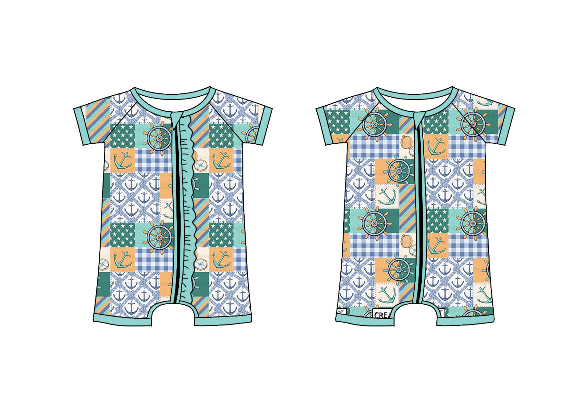 Preorder moq 5 Custom Baby Kids Green Short Sleeves Stars Plaid Hunting Zipper Rompers