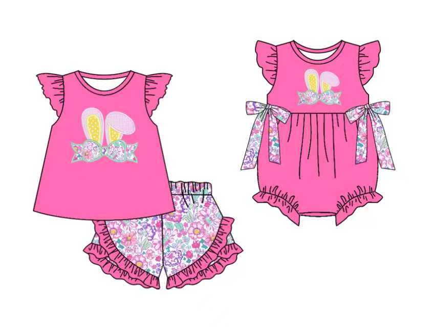 Preorder moq 5 (each item)Baby Girls Flutter Sleeve Floral Bows Rabbits Ruffle Shorts Easter Clothes Sets Bows Rompers