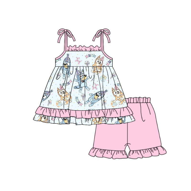 Baby Girls Pink Ruffle Birthday Dog Straps Top Ruffle Shorts Clothes Sets preorder (moq 5)