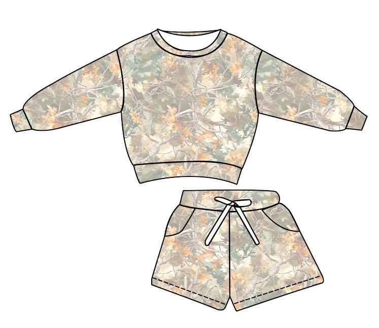 Preorder (moq 5)Baby Girls Southern Leaves Camo Long Sleeve Top Pockets Shorts Clothes Set