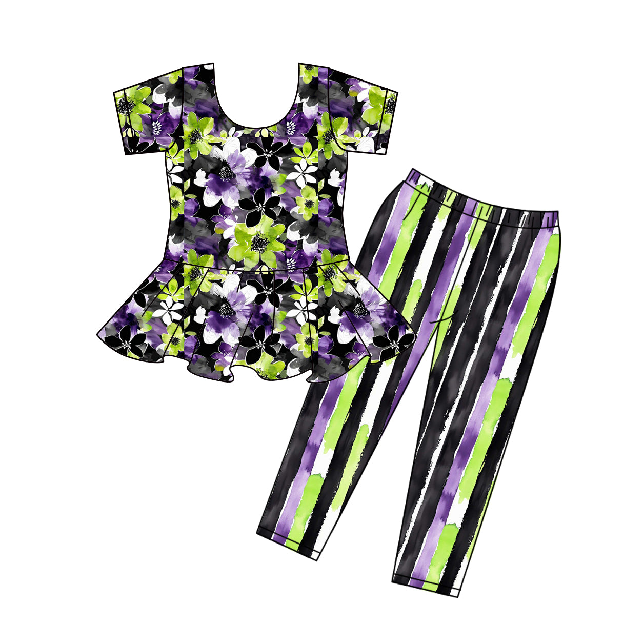 Preorder (moq 5)Baby Girls Halloween Green flowers tunic legging outfits sets