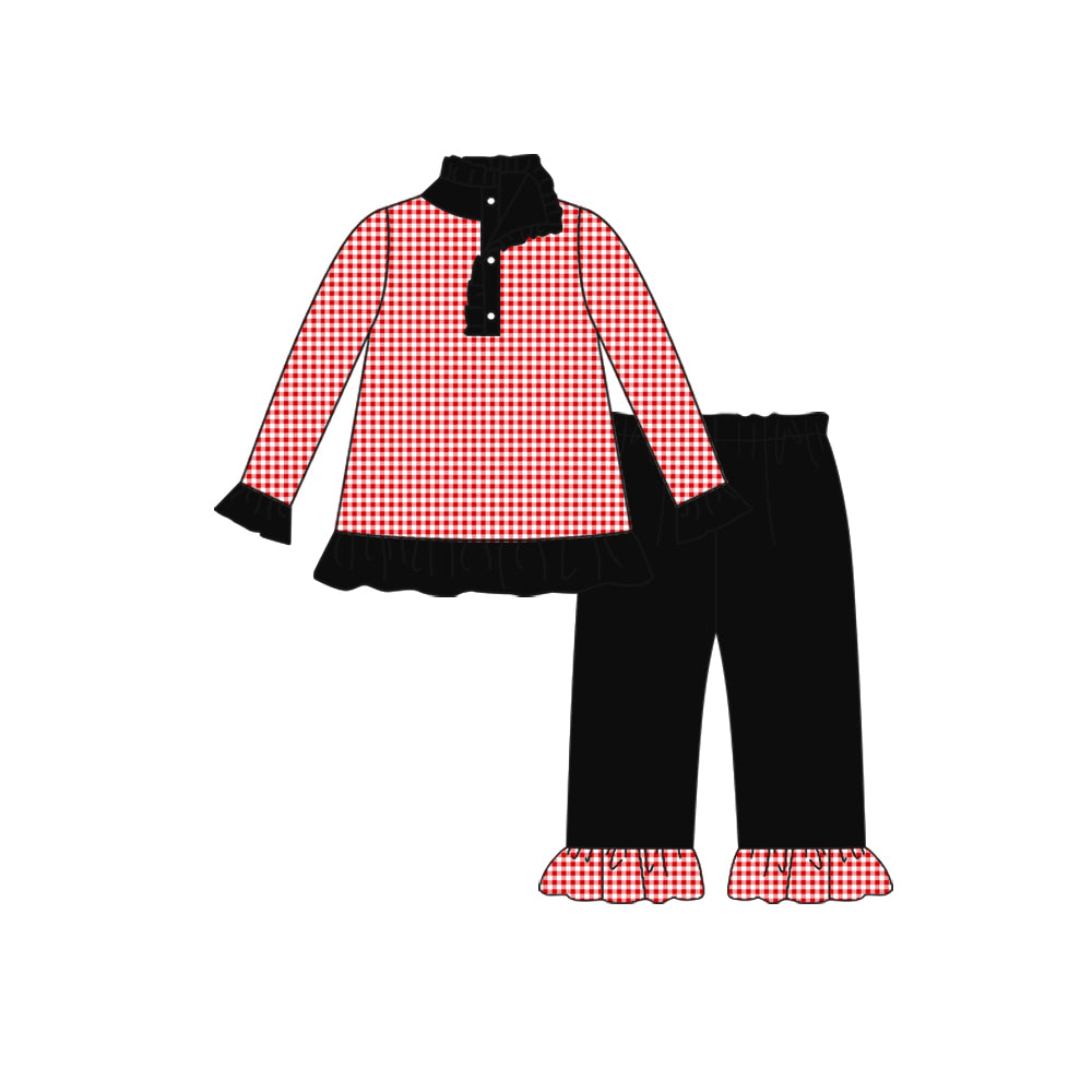 preorder(moq 5) Baby Girls Fall Football Team Red Checkered Pullover Top Black Pants Clothing Sets