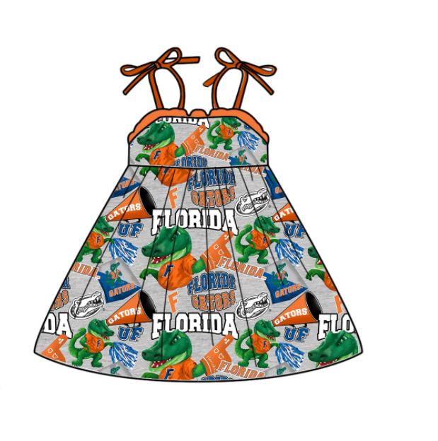 Preorder (moq 5)Baby Girls Strap Dinosaur Florida Team Knee Length Dresses