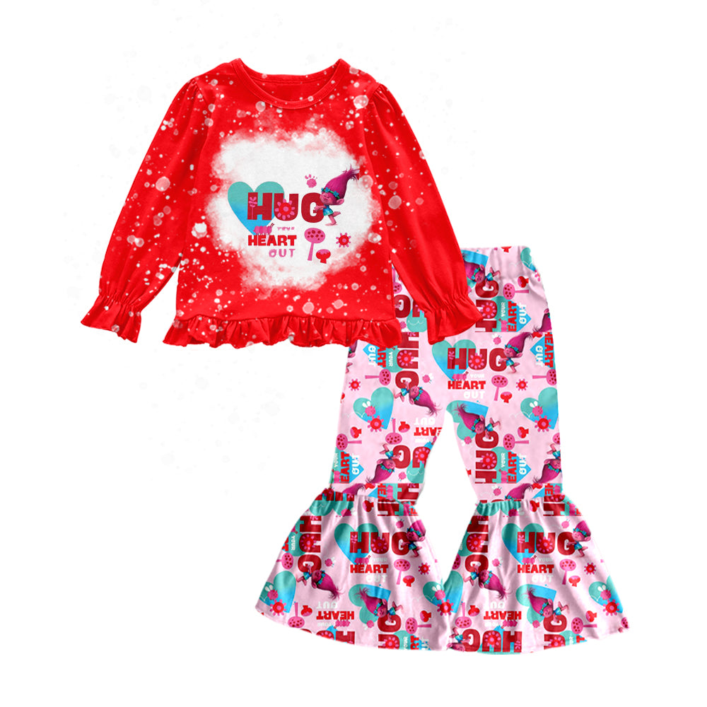 Baby Girls Pink Monster Hair Valentines Tee Shirts Top Bell Pants Clothes Sets preorder(moq 5)