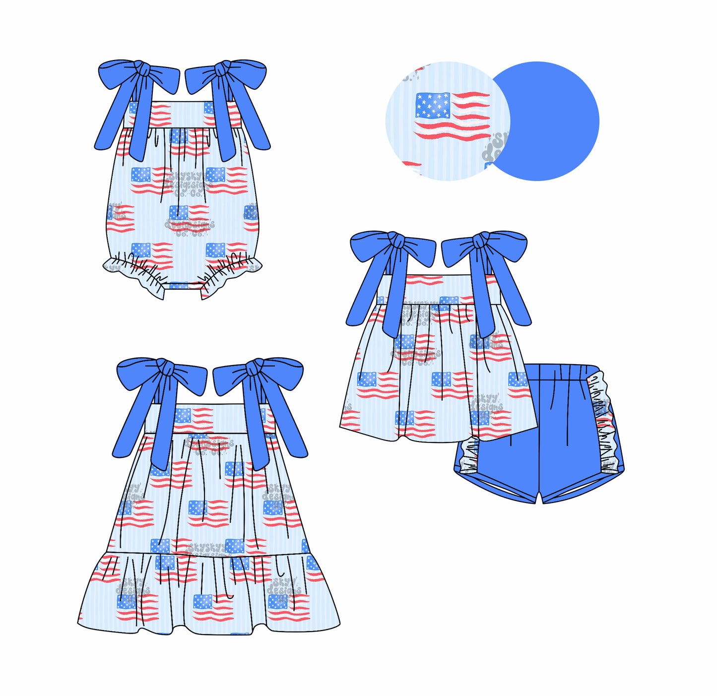 Preorder moq 5 Custom Baby Girls Blue Strap Flags Tunic Ruffle Short 4th Of July Set Dress And Rompers