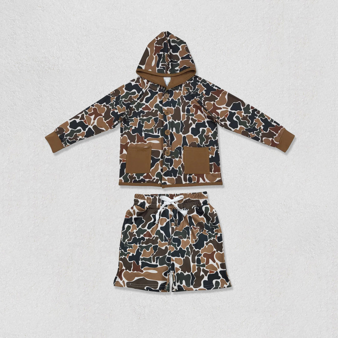Baby Boys Long Sleeve Southern Dark Brown Camo Pockets Button Hoodies Shorts Clothes Sets
