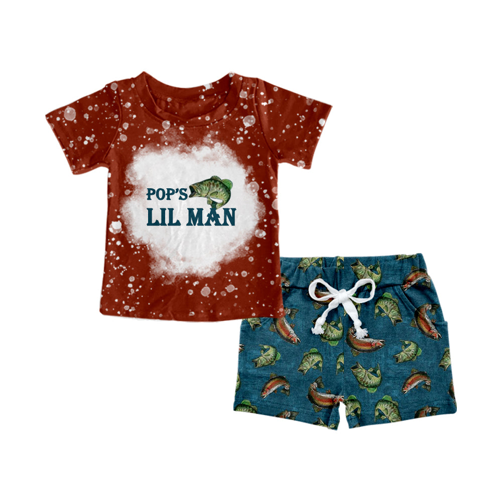 Baby Boys Pop's LIL Man Dark Red Tee Fishing Shorts Clothing Sets Preorder(moq 5)