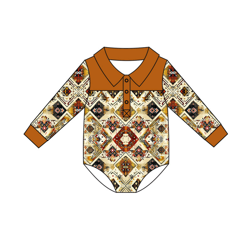 Preorder (moq 5)Baby Boys Long Sleeve Colorful Aztec Western Button Hunting Rompers