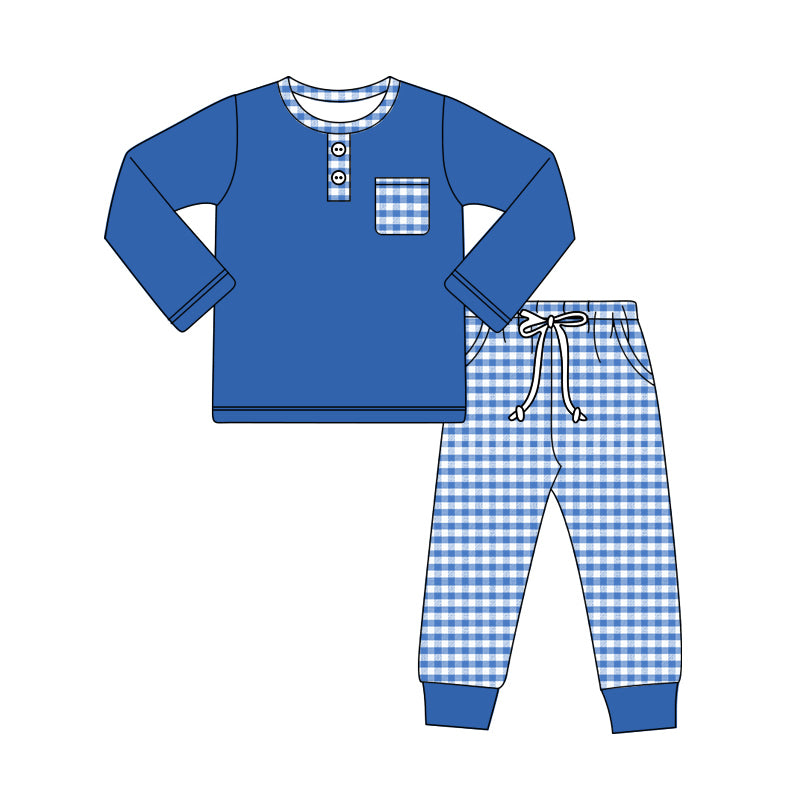 Preorder (moq 5)Baby Boys Hot Blue Long Sleeves Button Pocket Top Plaid Legging Pant Set