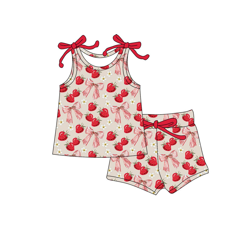 Preorder (moq 5)Baby Girls Sleeveless Strawberry Bows Top Short Clothes Sets