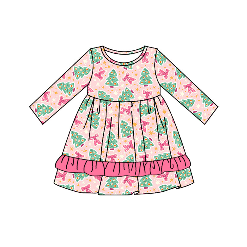 Preorder moq 5 Baby Girls Pink Long Sleeves Trees Bows Ruffle Knee Length Dresses