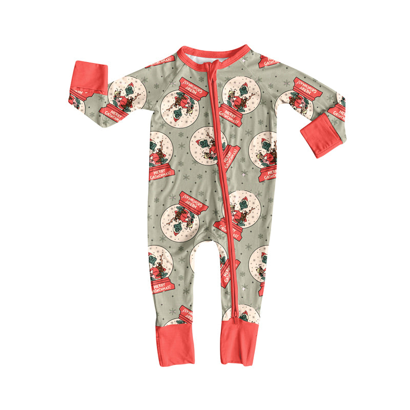 Preorder(moq 5)Baby Infant Boys Green Face Merry Christmas Zipper Rompers