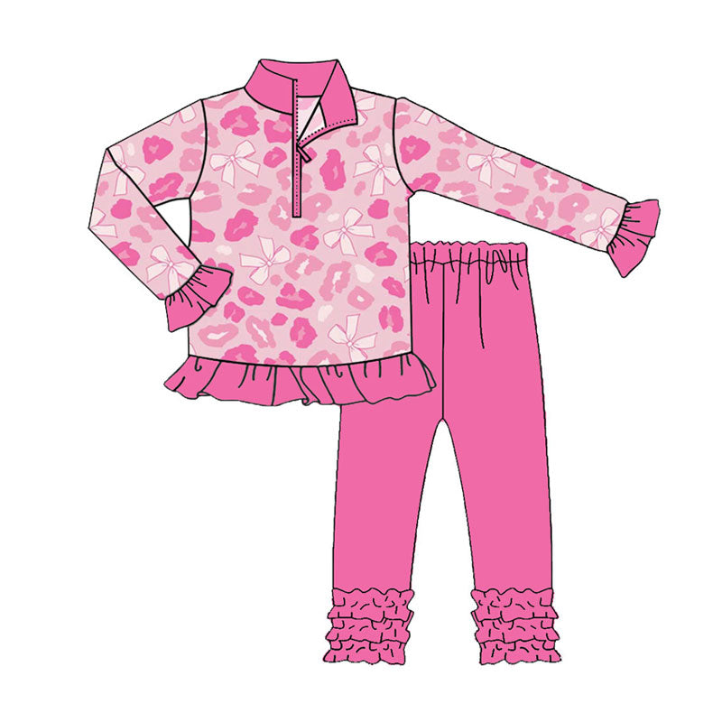 Preorder (moq 5)Baby Girls Pink Bows Leopard Zipper Pullovers Ruffle Legging Clothes Sets