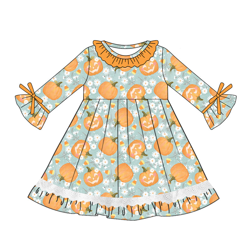 Preorder (moq 5)Baby Girls Blue Long Ruffle Sleeves Floral Pumpkins Knee Length Dresses