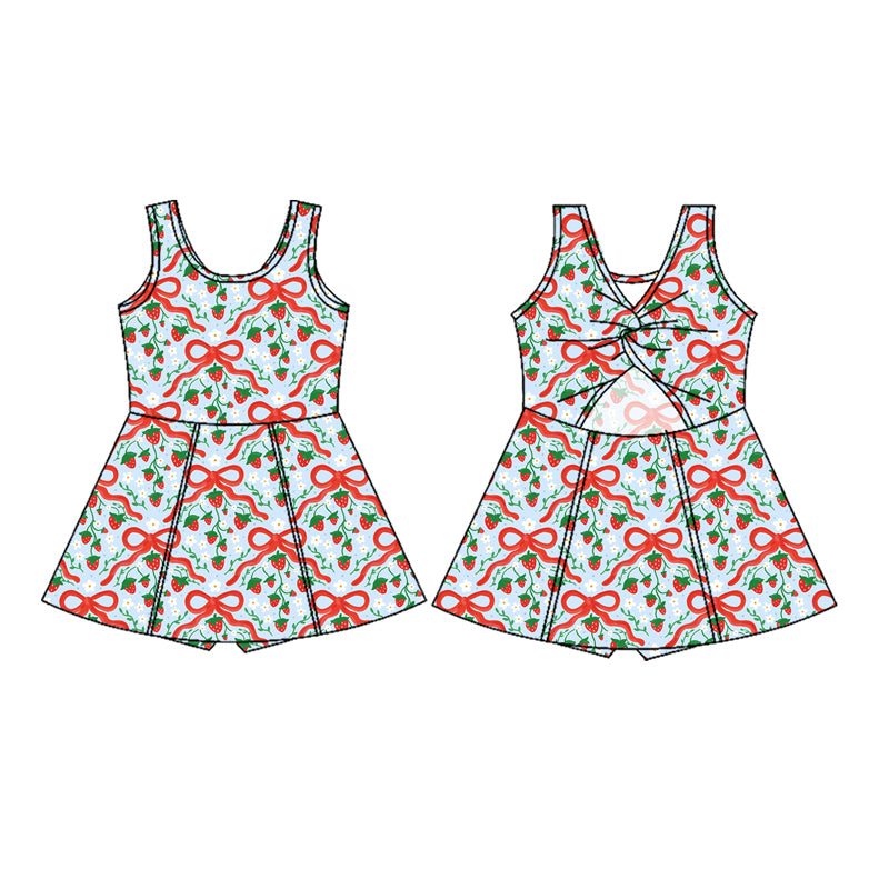 Preorder (moq 5)Baby Girls Red Bows Strawberry Plaid Shorts Knee Length Dresses