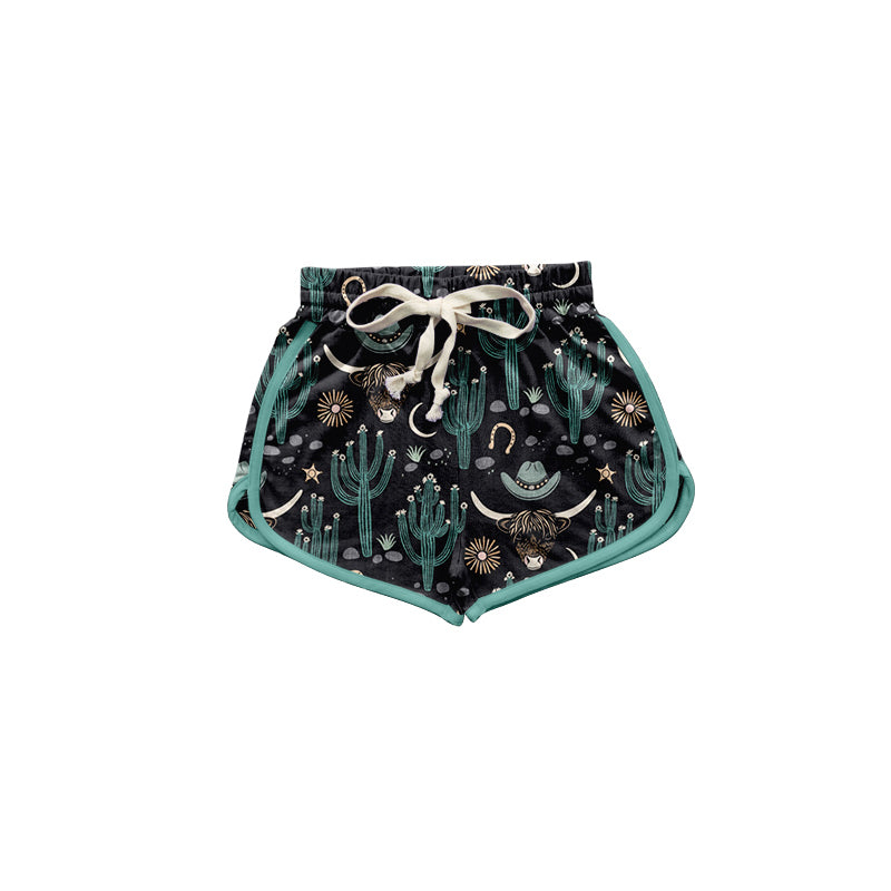 Preorder (moq 5)Baby Girls Black Cactus Bull Skull Sports Shorts Bottoms