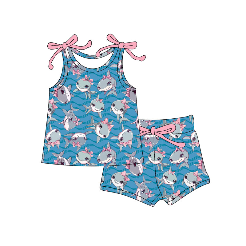 Preorder (moq 5)Baby Girls Hot Blue Bows Sleeveless Sharks Sea Top Shorts Set
