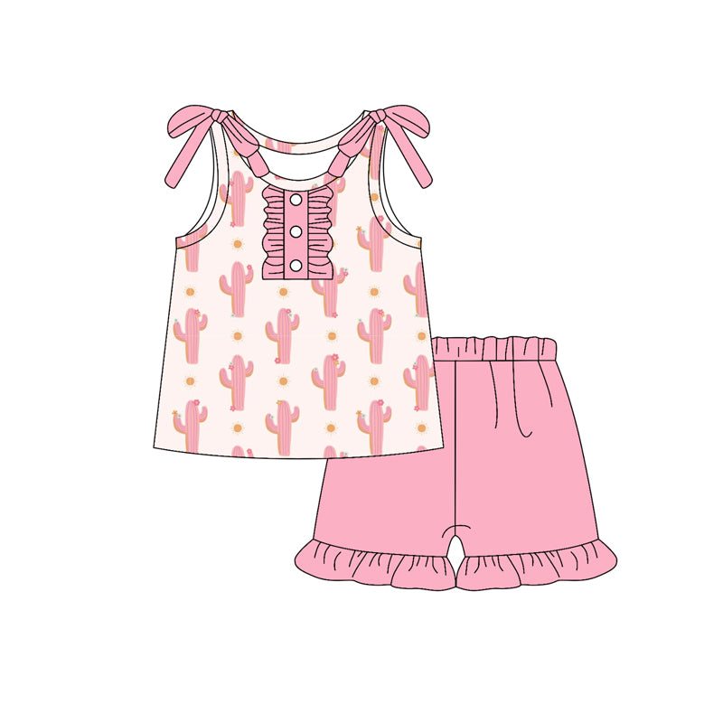 Preorder (moq 5)Baby Girls Pink Bows Sleeveless Cactus Polka Dots Button Top Ruffle Short Set