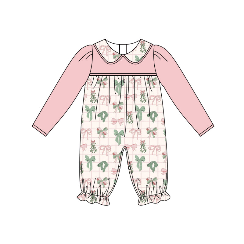 Preorder (moq 5)Baby Girls Peach Long Sleeves Colorful Bows Plaid Ruffle Pant Rompers