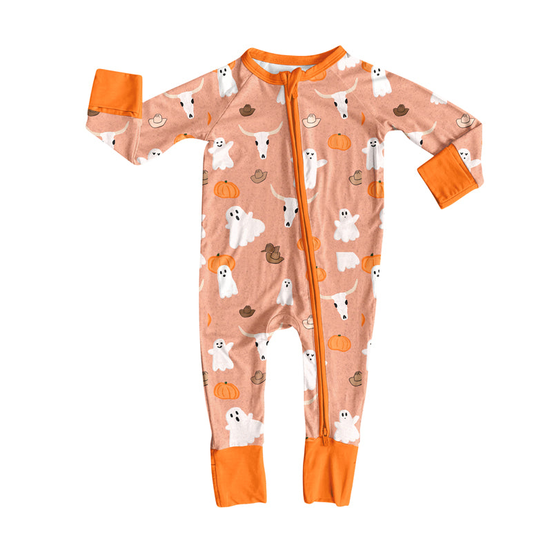Preorder moq 5 Baby Infant Girls Long Sleeves Ghost Pumpkins Bull Skull Plaid Zipper Romper