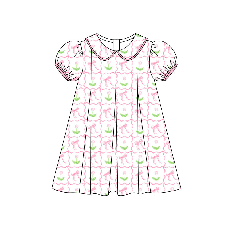 Preorder (moq 5)Baby Girls Short Ruffle Sleeves Pink Bows Flowers Knee Length Dress