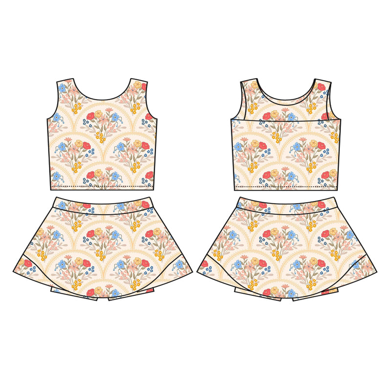 Preorder (moq 5)Baby Girls Peach Sleeveless Floral Plaid Top Skort Yoga Active Set